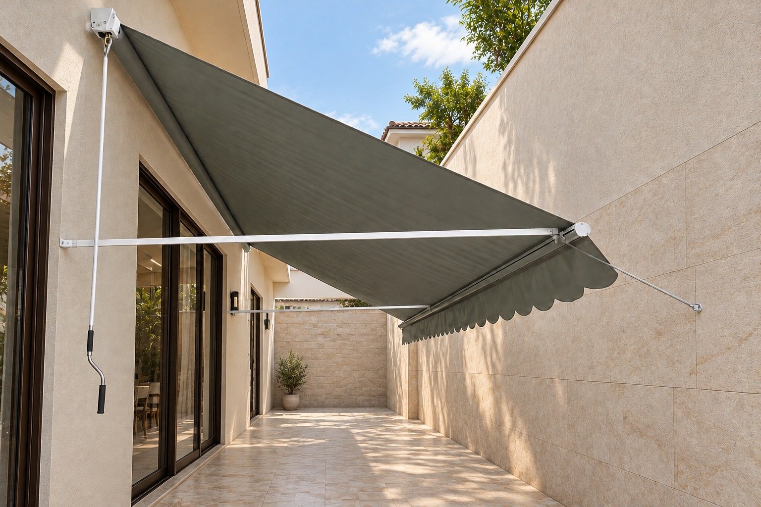 Toldo retrátil com braços retos e manivela, em imagem produzida a partir da referência fornecida